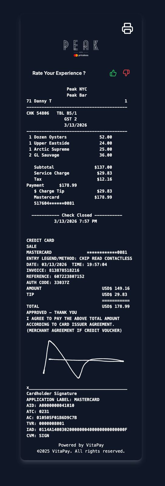 VitaPay digital receipt — hospitality payment orchestration