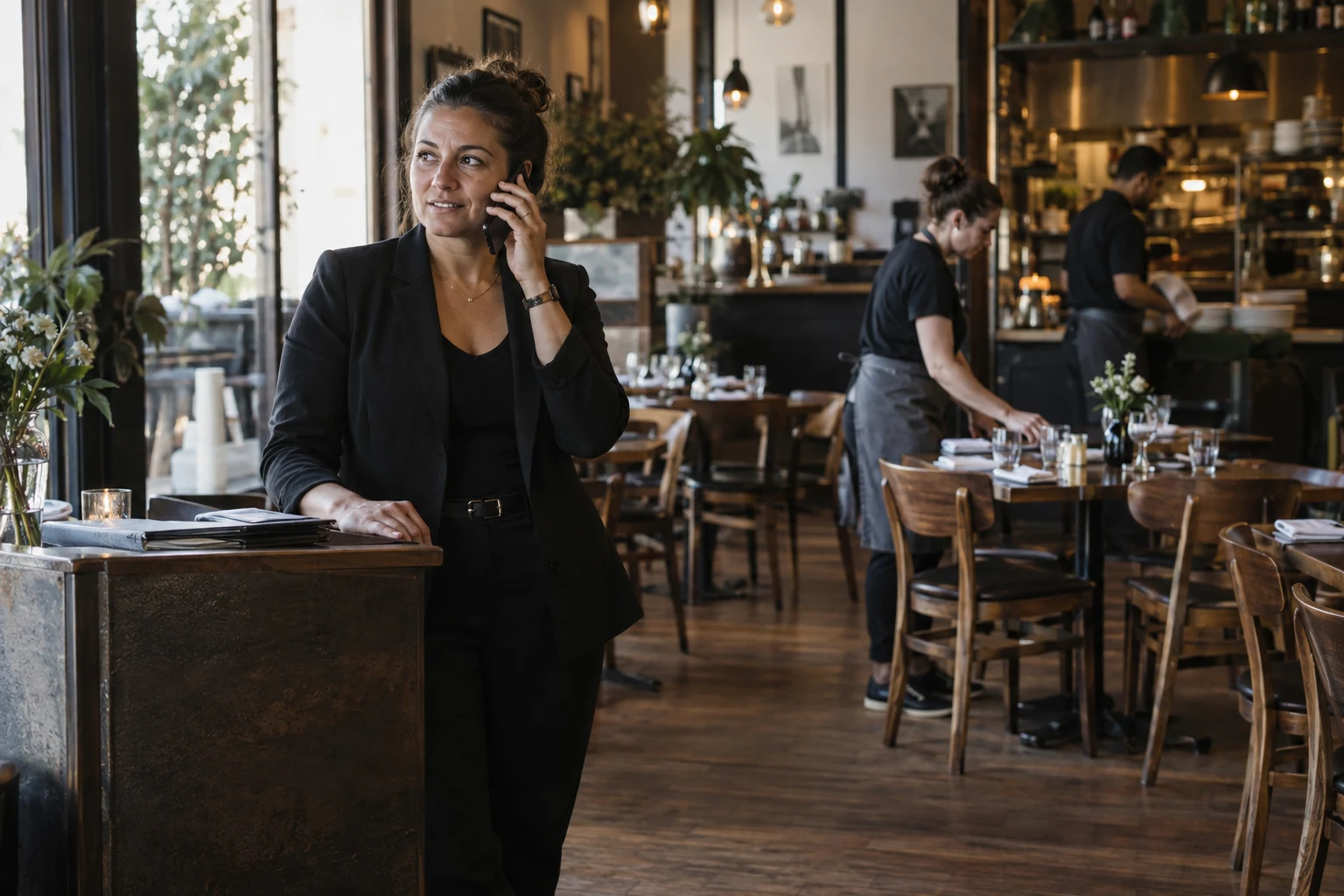 A restaurant manager speaking by phone in a dining room