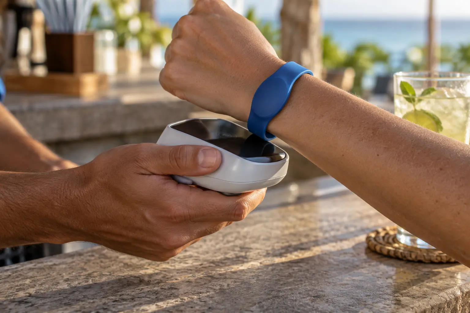 A Vitabyte wristband tapping a handheld