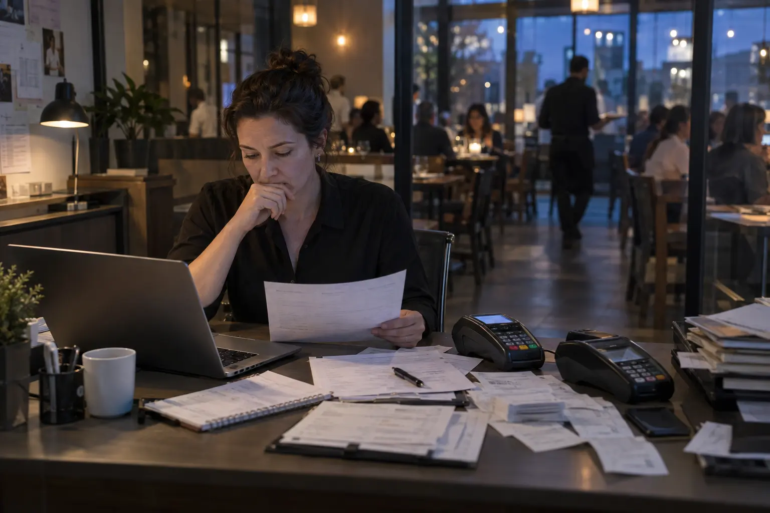 A restaurant manager reviewing reports after service