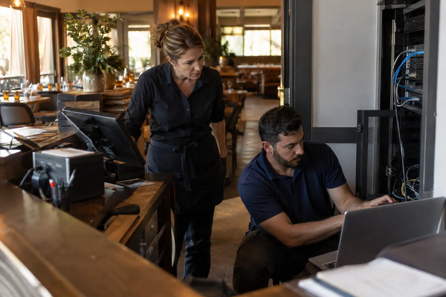 Illustrative restaurant operations and technical staff reviewing a system connection