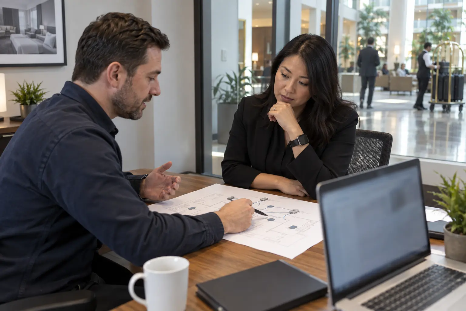 Illustrative hotel operations and IT colleagues discussing a system plan