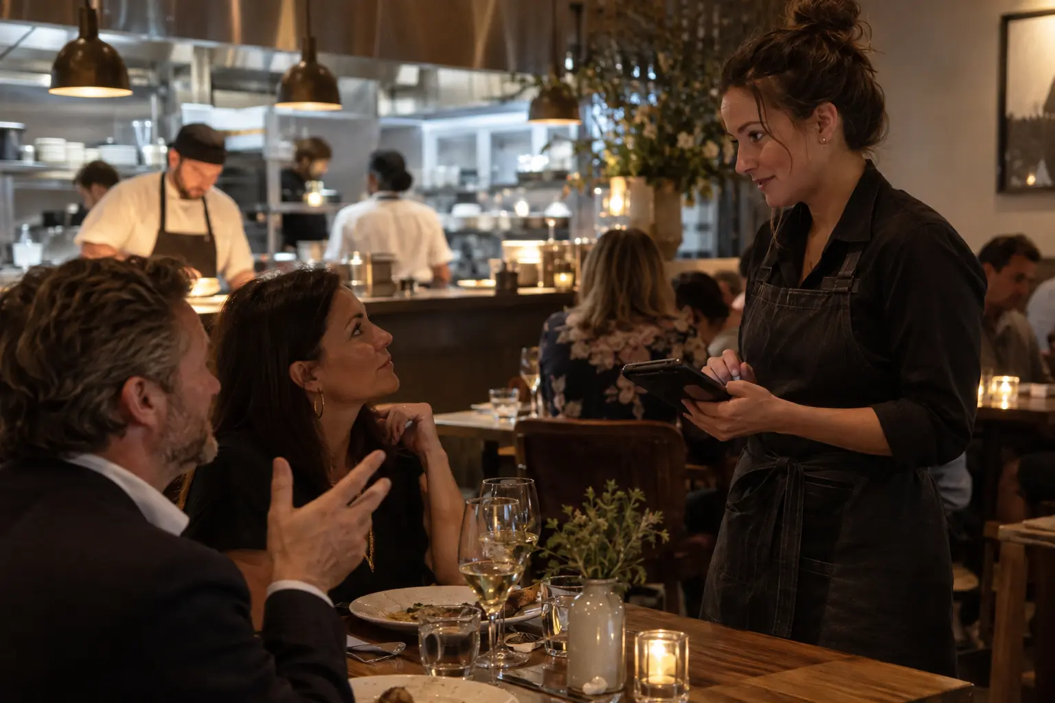 A server taking an order from guests during dinner service