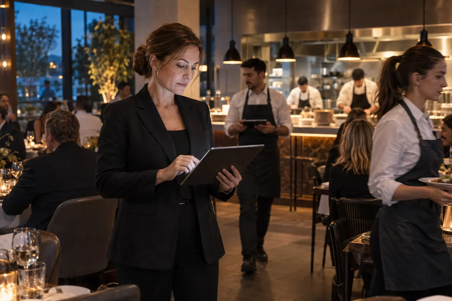 A restaurant manager reviewing service on a tablet