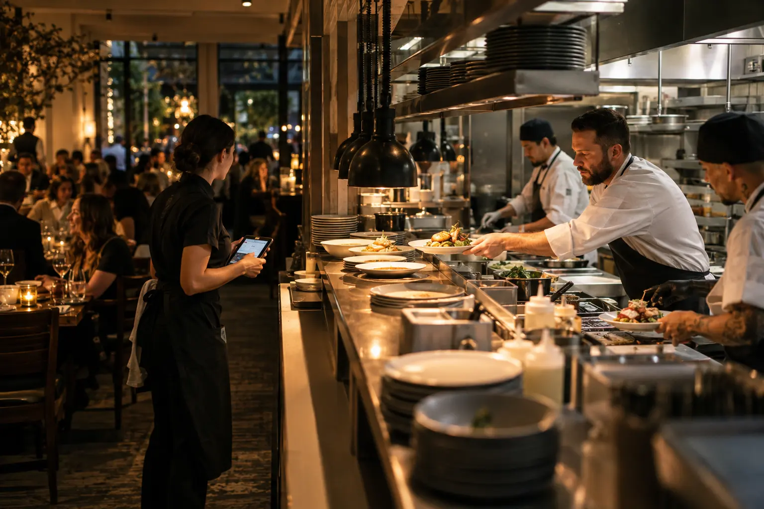 A server and kitchen team working together during service