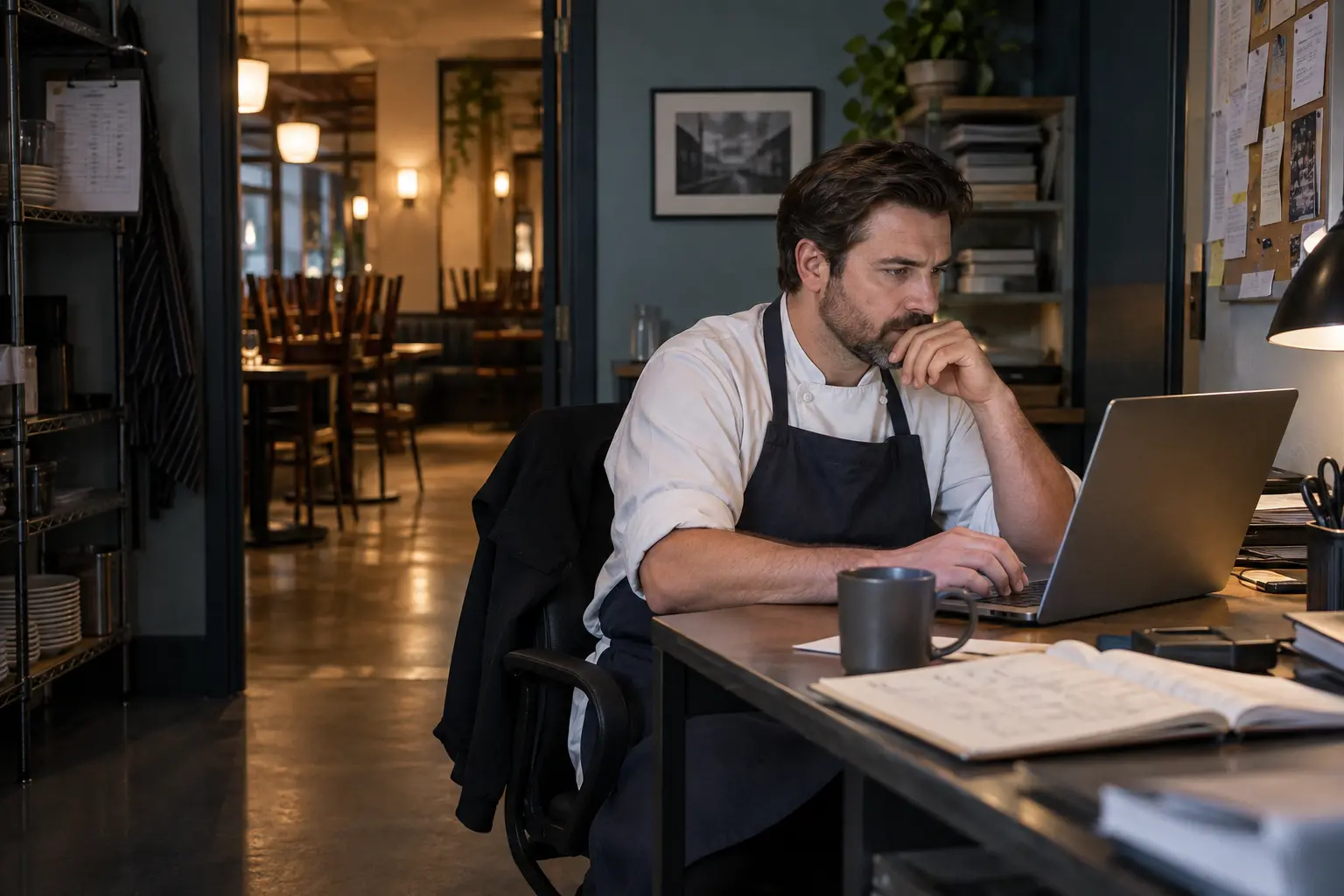A manager working at a laptop after service