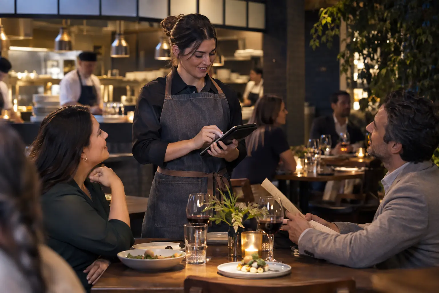A server taking an order at the table on a handheld