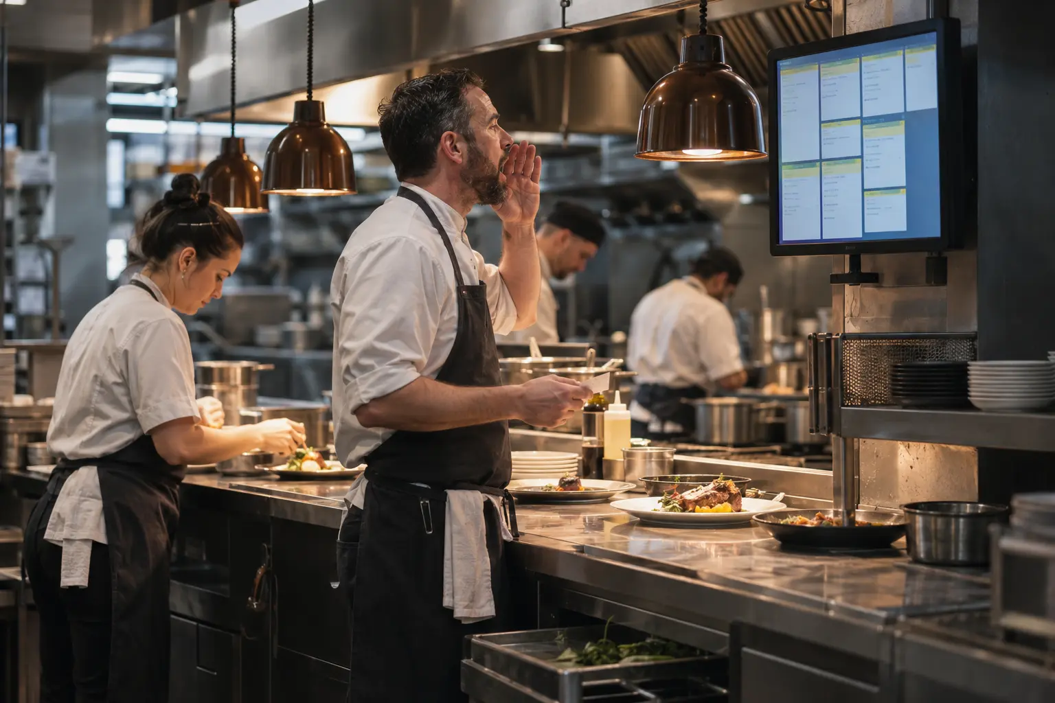 A chef at the pass beside a kitchen display