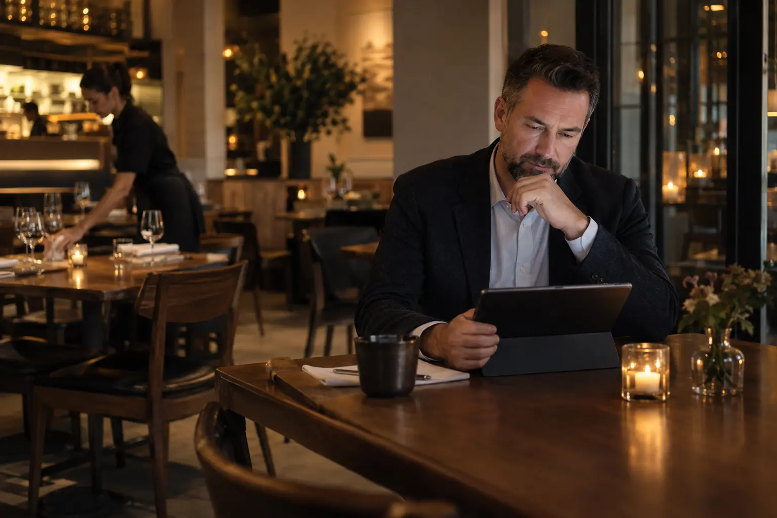 A manager closing out the night on a tablet