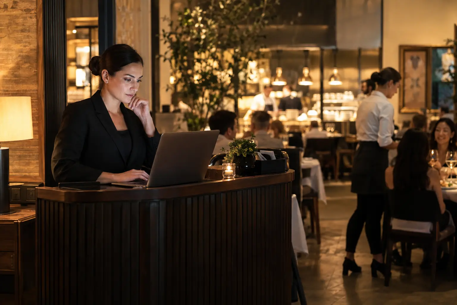 A manager reviewing restaurant activity during service