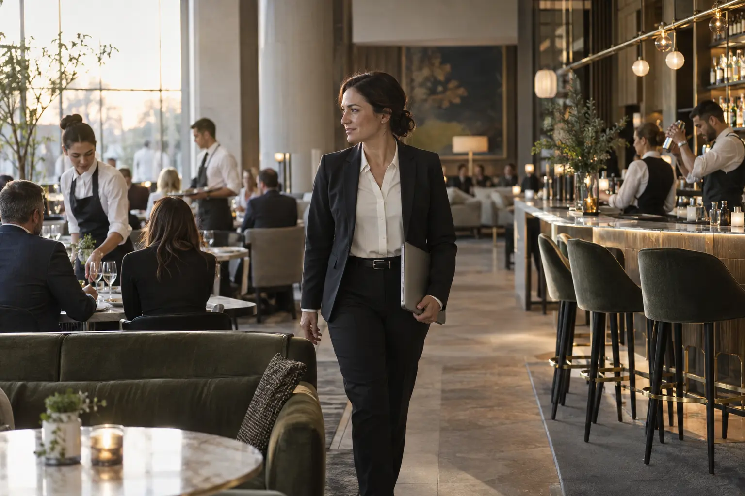 An operations director walking through a hotel restaurant