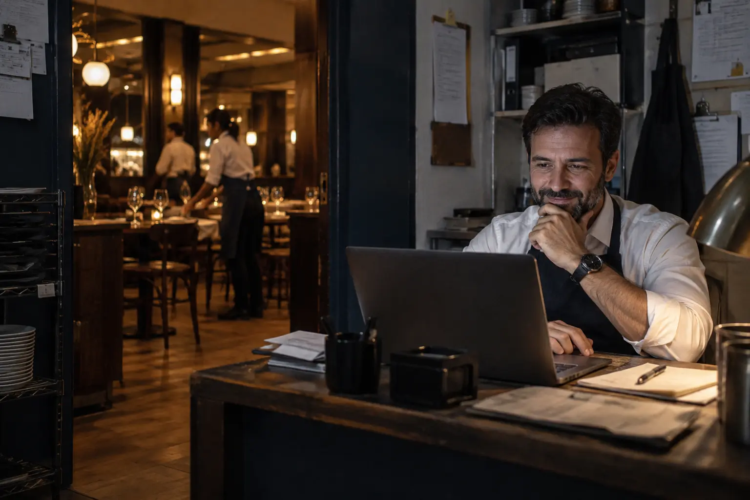 A manager closing the day on one screen