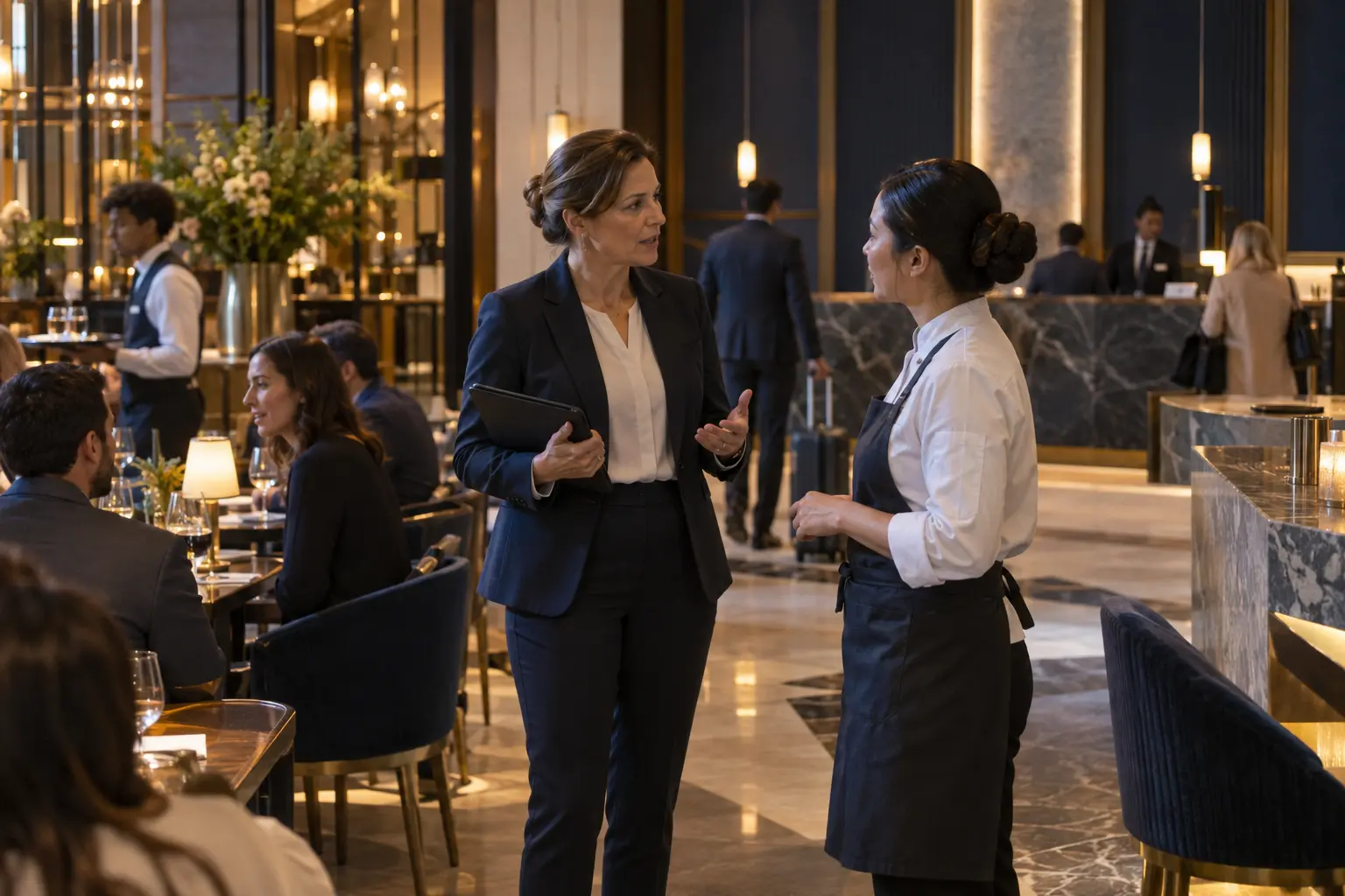 Hotel and restaurant managers working together during service