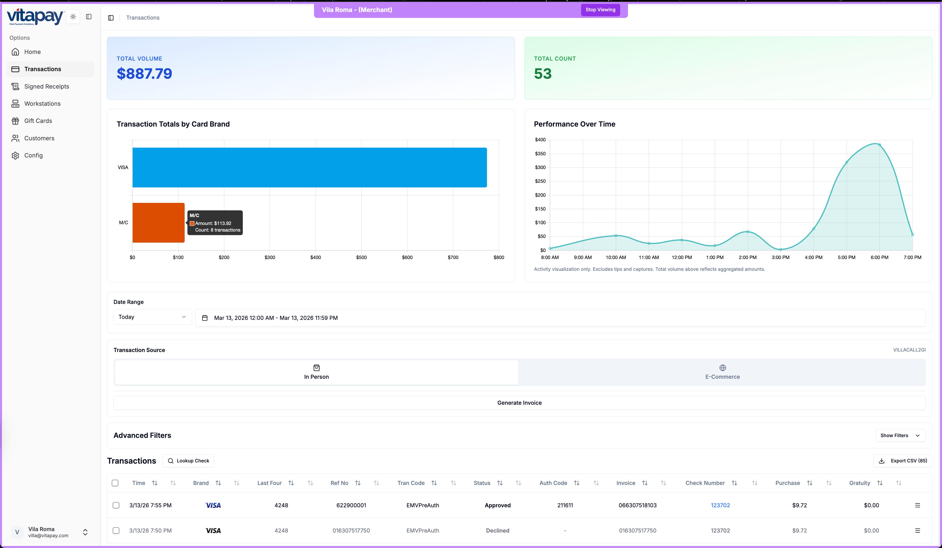 VitaPay live transaction dashboard